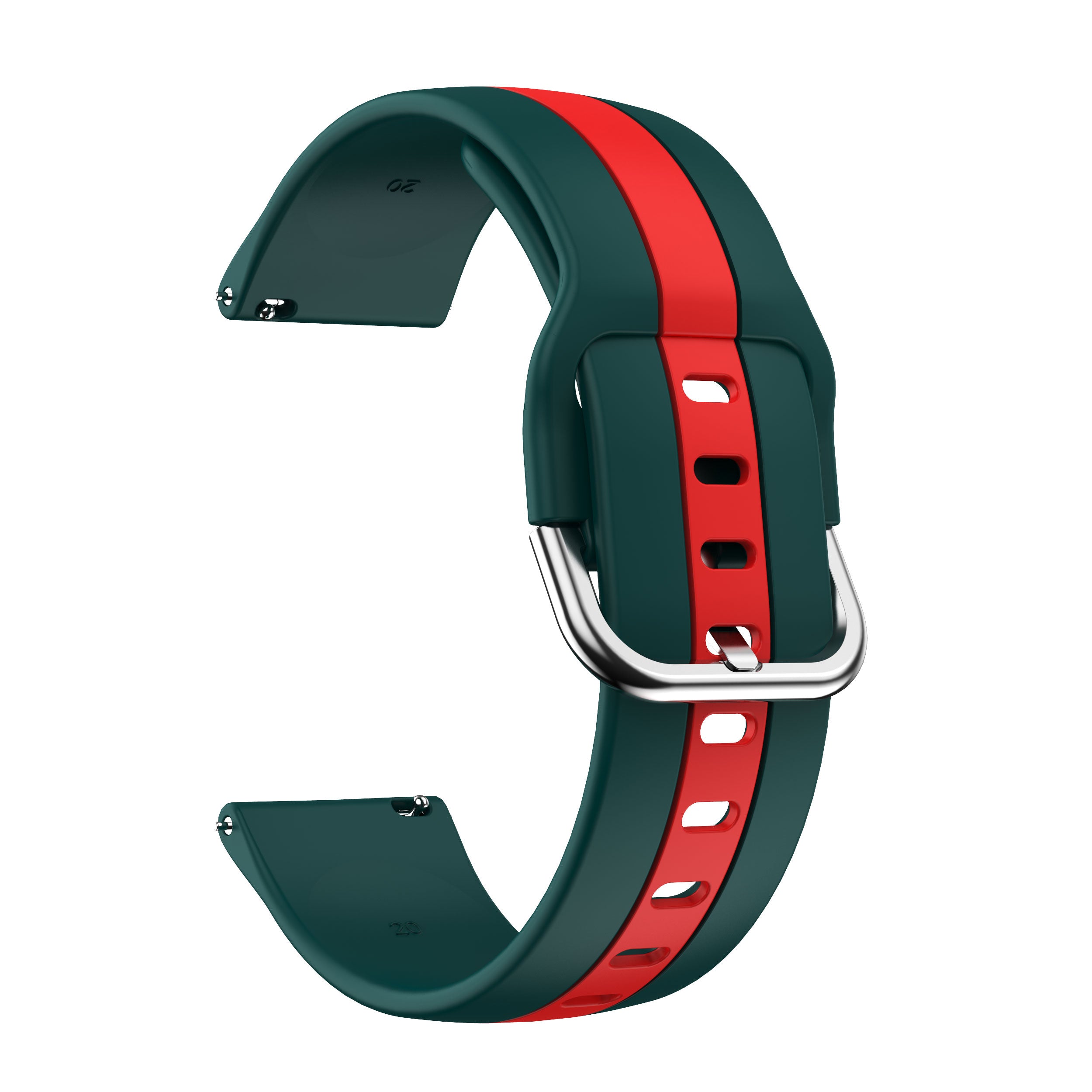 Teal and red silicone smartwatch band with quick release mechanism and stainless steel buckle
