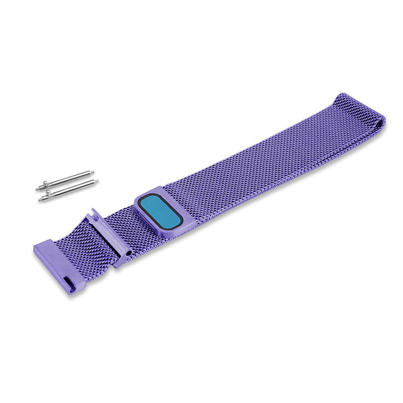 Purple Milanese mesh smartwatch band with quick release mechanism and adjustable clasp, includes spring bars