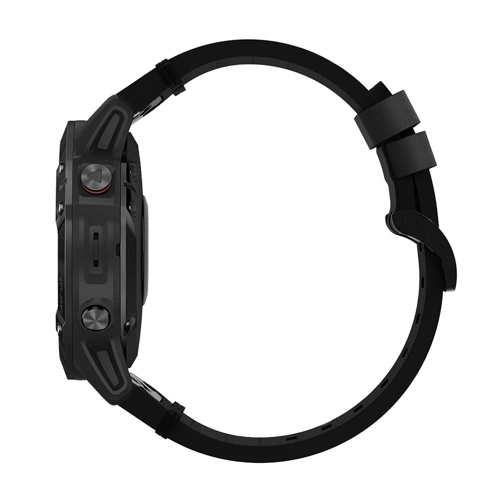 Black QuickFit leather watch band with metal adjusters and tactical-style buckle closure system