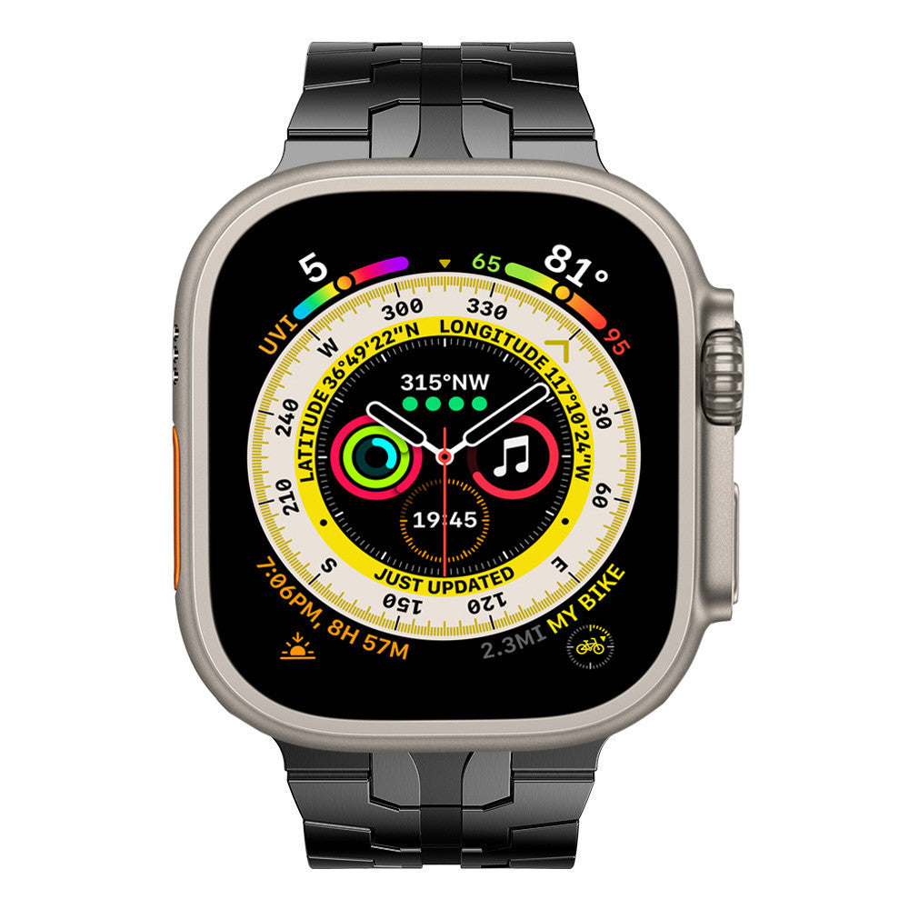 Titanium smartwatch with black stainless steel bracelet displaying colorful compass dial and fitness metrics on square AMOLED screen