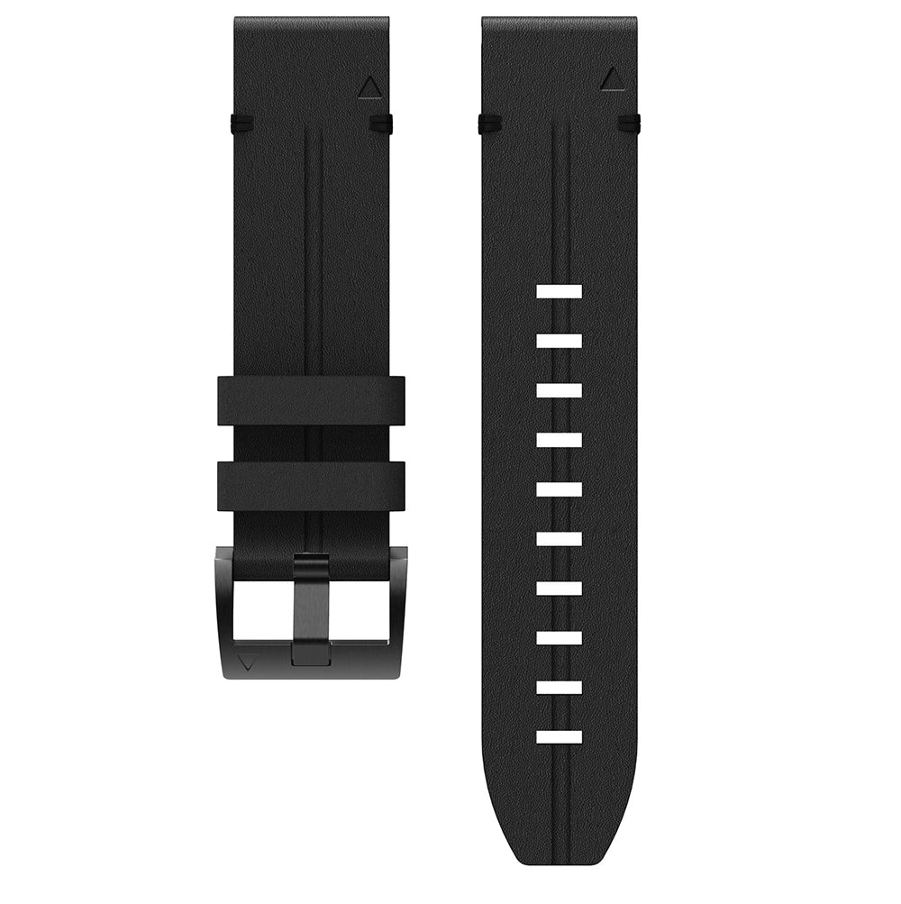 Black leather QuickFit watch band with metal buckle clasp and adjustment holes, front and back view