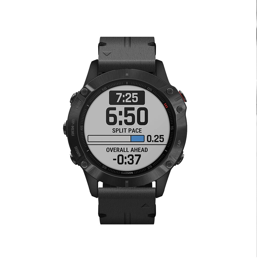 Garmin running watch with black leather QuickFit band displaying split pace and overall time metrics on digital screen