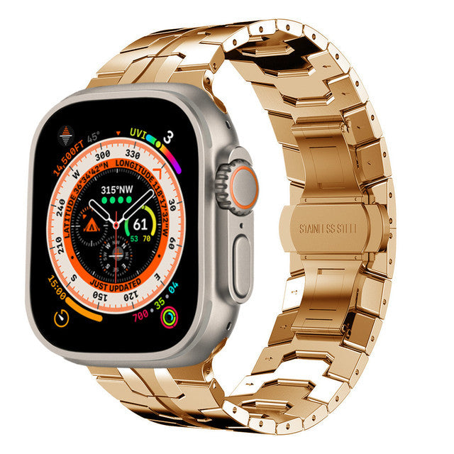 Smartwatch with compass and altitude display, stainless steel case, gold metal link bracelet band
