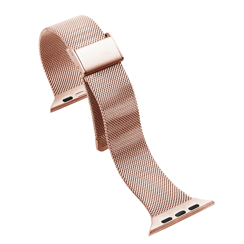 Rose gold Milanese loop band with magnetic clasp for Apple Watch, featuring fine mesh metal design and secure fastening mechanism