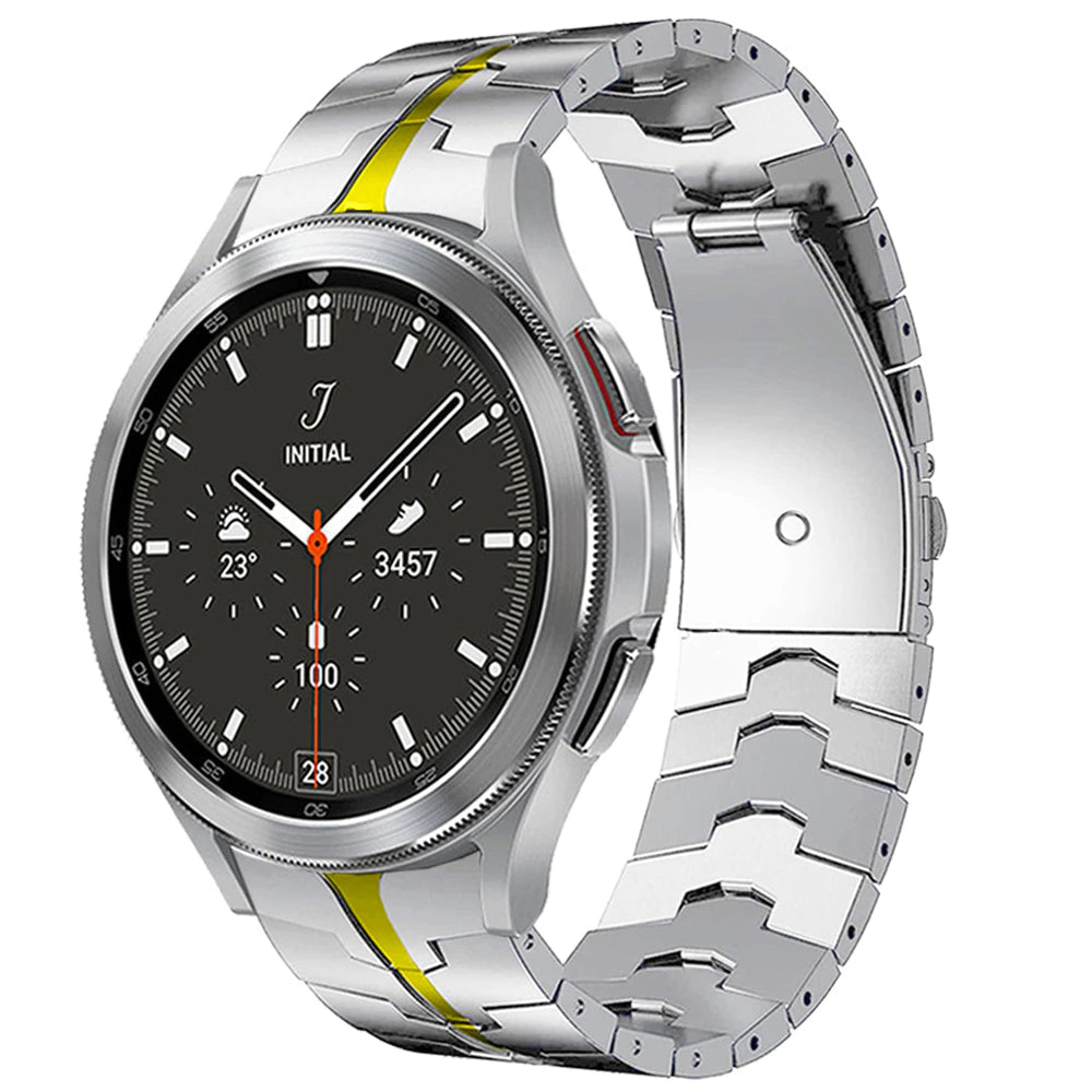 Silver stainless steel bracelet for Galaxy Watch 4-7 with yellow stripe accent and matching fitted bands