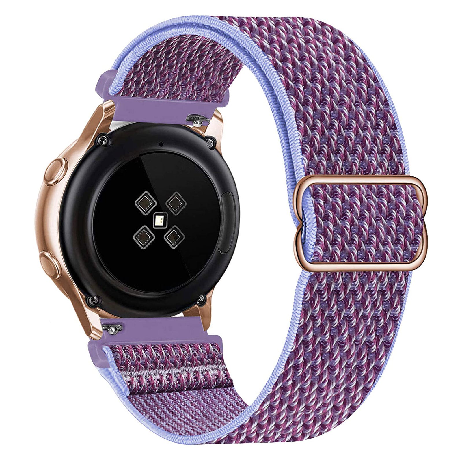 Rose gold smartwatch with burgundy purple woven loop band and adjustable buckle closure