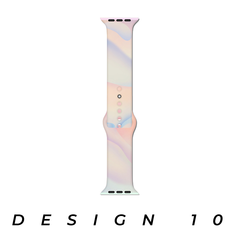 Pastel watercolor Apple Watch band with soft pink, blue, and cream gradient swirl pattern and adjustable loop closure