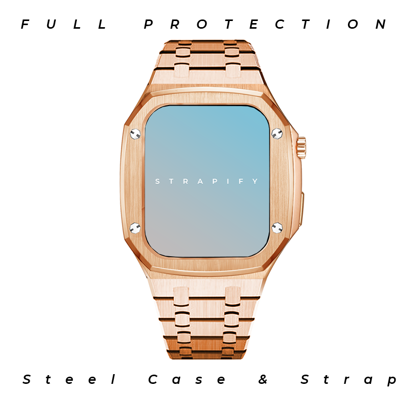 Rose gold stainless steel Apple Watch case with matching bracelet band and blue dial face