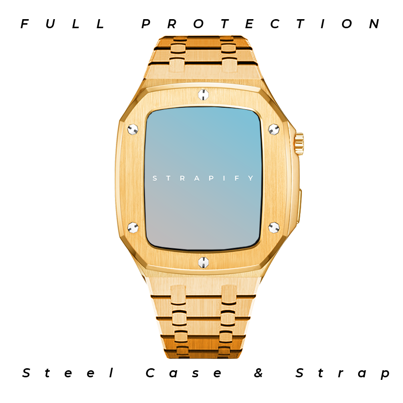 Gold stainless steel luxury smartwatch case and matching bracelet with blue digital display and full protection design