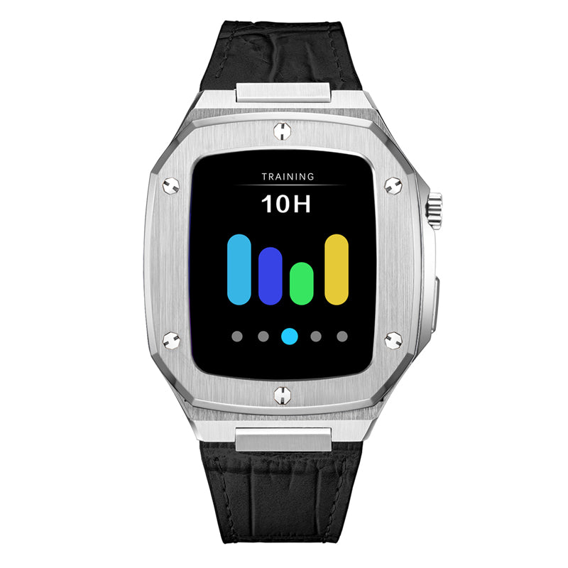 Silver stainless steel smartwatch with black leather strap displaying training metrics and colorful activity bars on digital screen