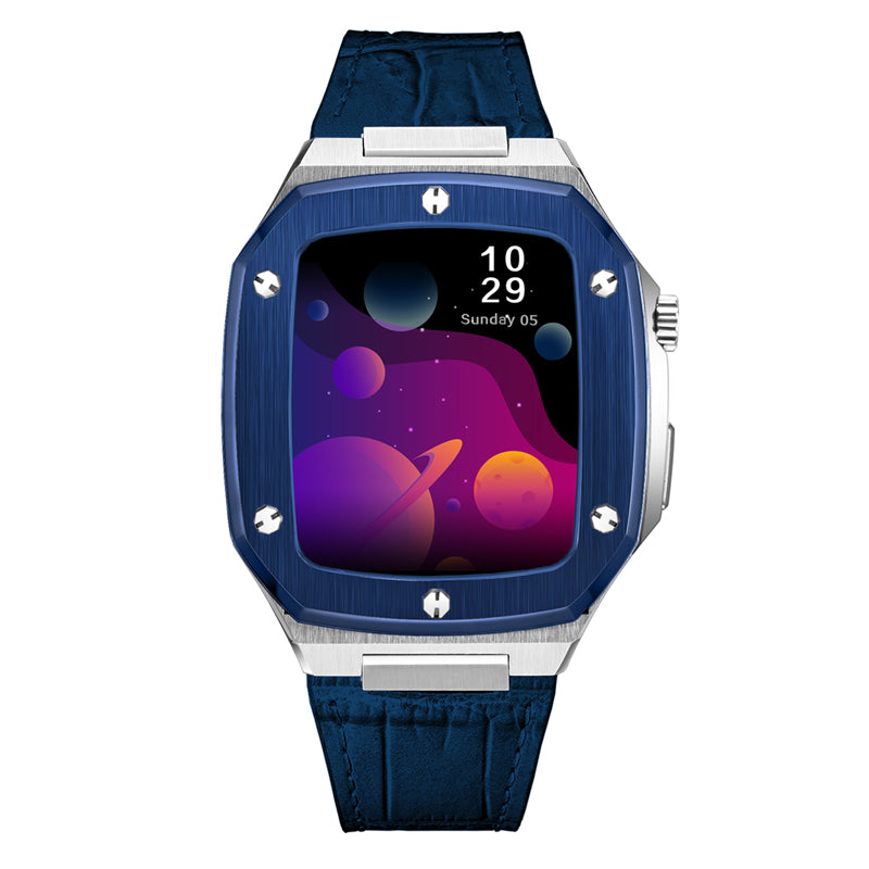 Blue stainless steel smartwatch with silver bezel and dark blue leather strap, displaying colorful space-themed watch face