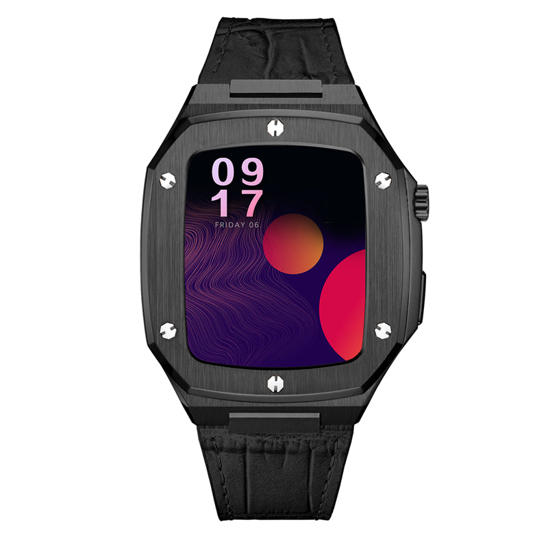 Black luxury steel smartwatch with square face, digital display showing time and colorful abstract design, black leather strap, metallic case accents