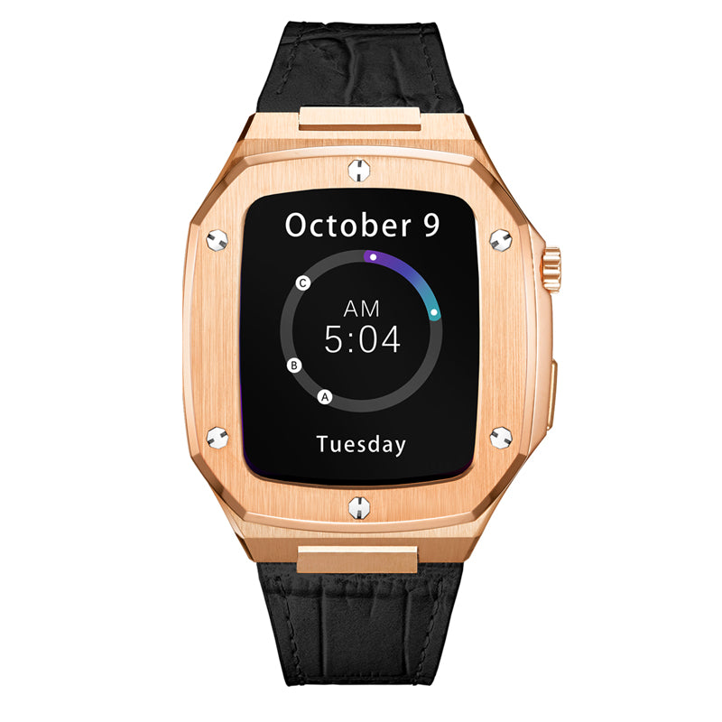 Rose gold stainless steel smartwatch with black leather strap displaying time 5:04 AM on October 9