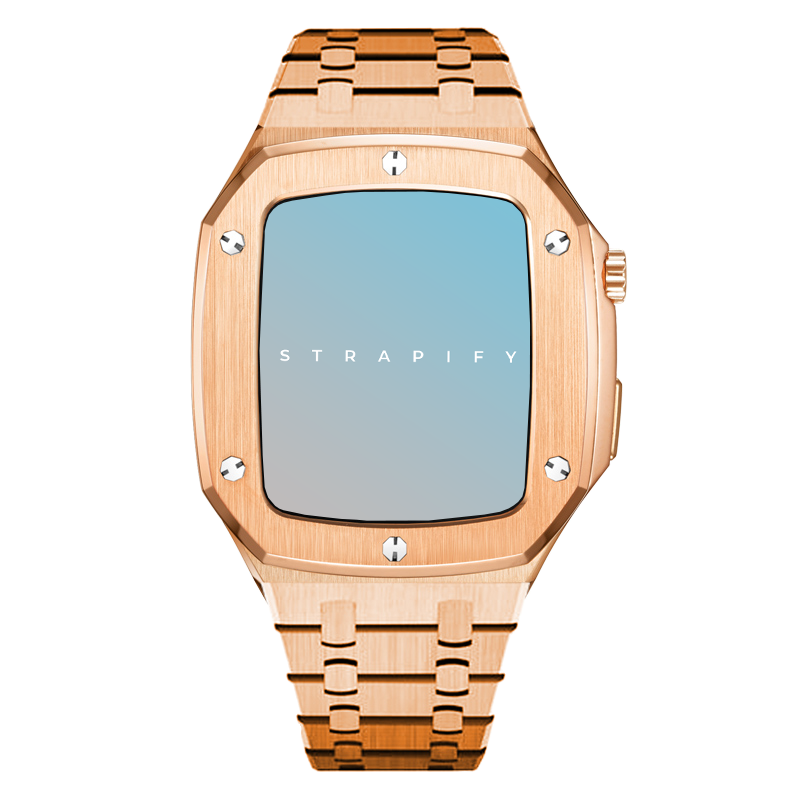 Rose gold stainless steel Apple Watch with square case, matching metal bracelet and blue display showing Strapify branding