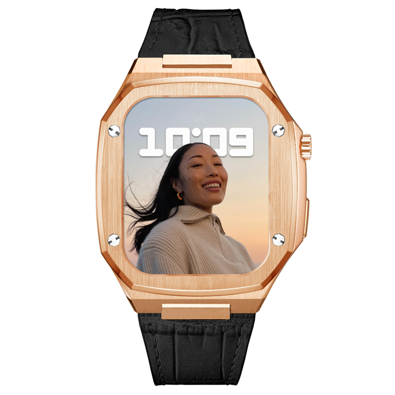 Rose gold stainless steel smartwatch with black leather strap and digital display showing time