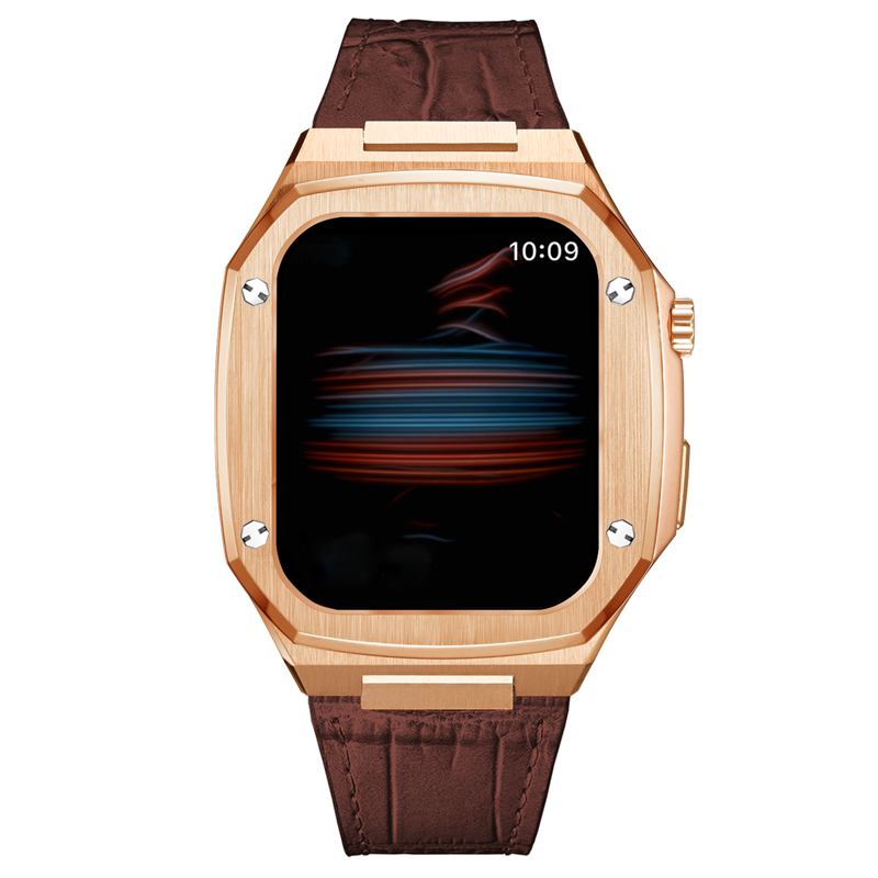 Rose gold stainless steel smartwatch with brown leather strap and square digital display showing time 10:09