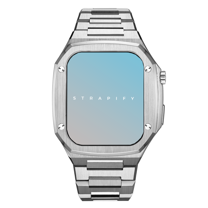 Strapify luxury silver stainless steel case and metal strap smartwatch with rounded square dial and blue gradient display