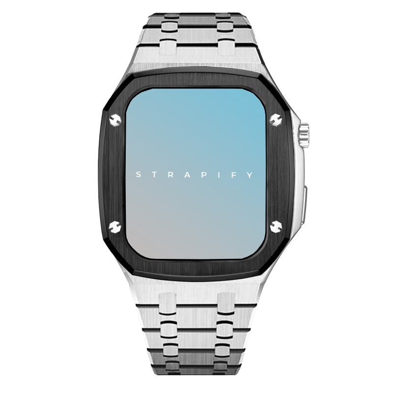 Strapify luxury steel Apple Watch with silver and black two-tone case, matching metal bracelet band, and blue display face