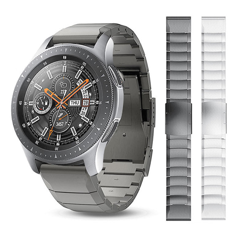 Black stainless steel smartwatch with chronograph dial and orange hands, shown with quick release link bracelet bands in black and silver finishes