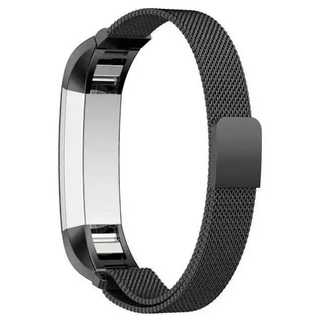 Black milanese mesh band replacement strap for Fitbit Alta and Ace fitness trackers with magnetic closure