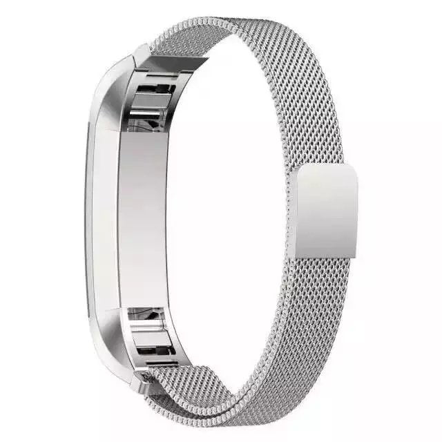 Silver Milanese mesh band for Fitbit Alta and Ace fitness trackers with magnetic closure clasp