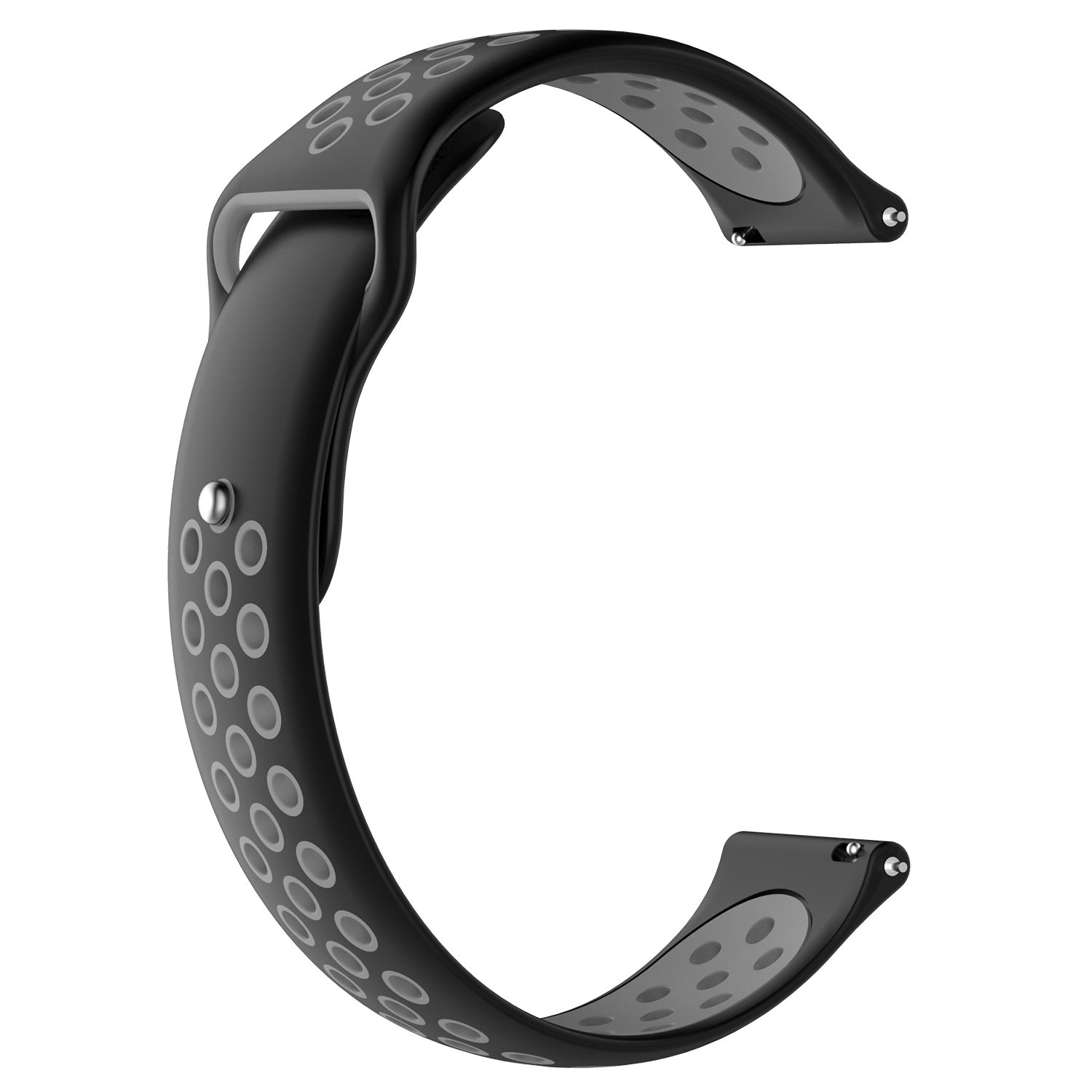 Black silicone sport watch band with perforated holes and quick release pins for 18mm lug width