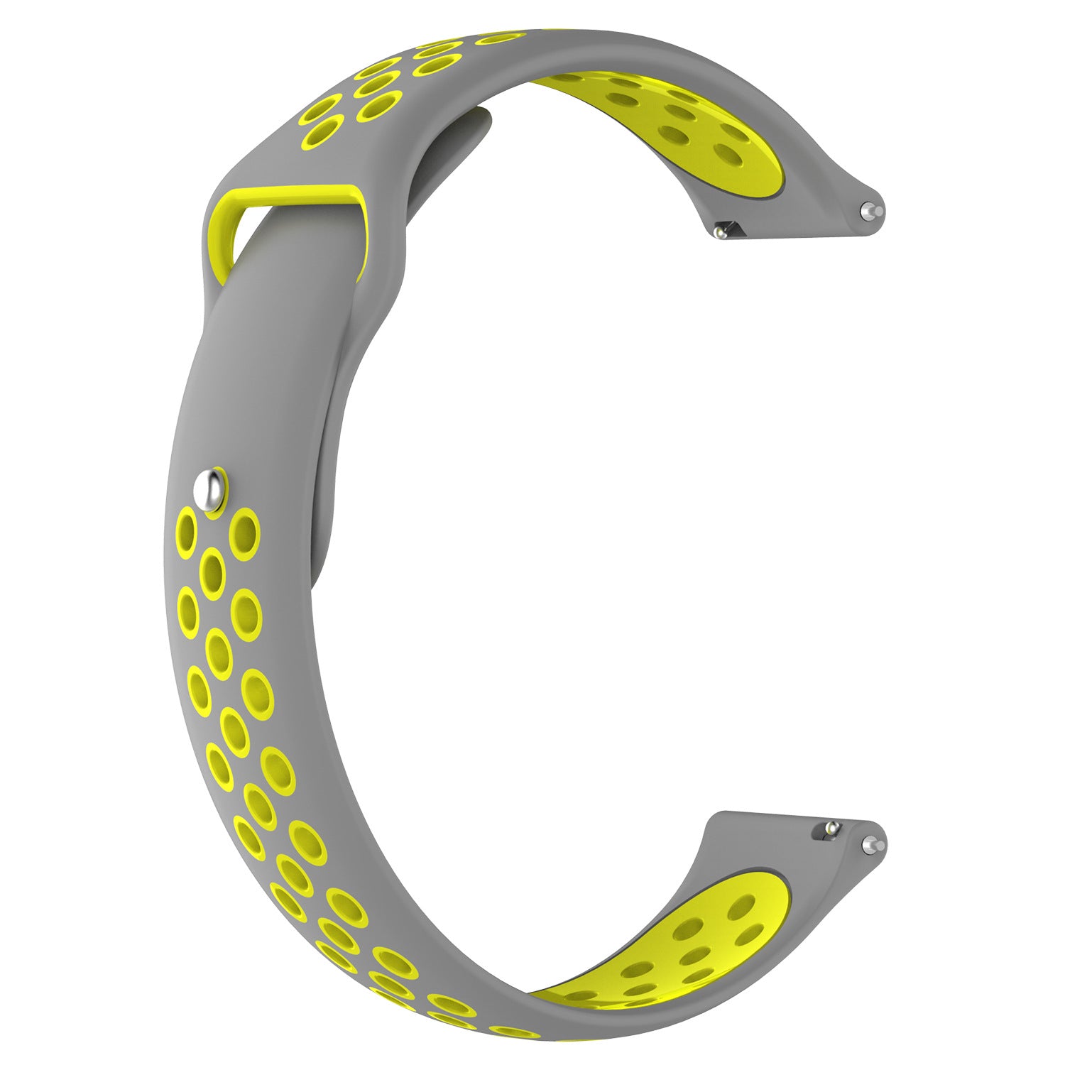 Gray and neon yellow perforated silicone sport watch band with quick release connector and ventilation holes