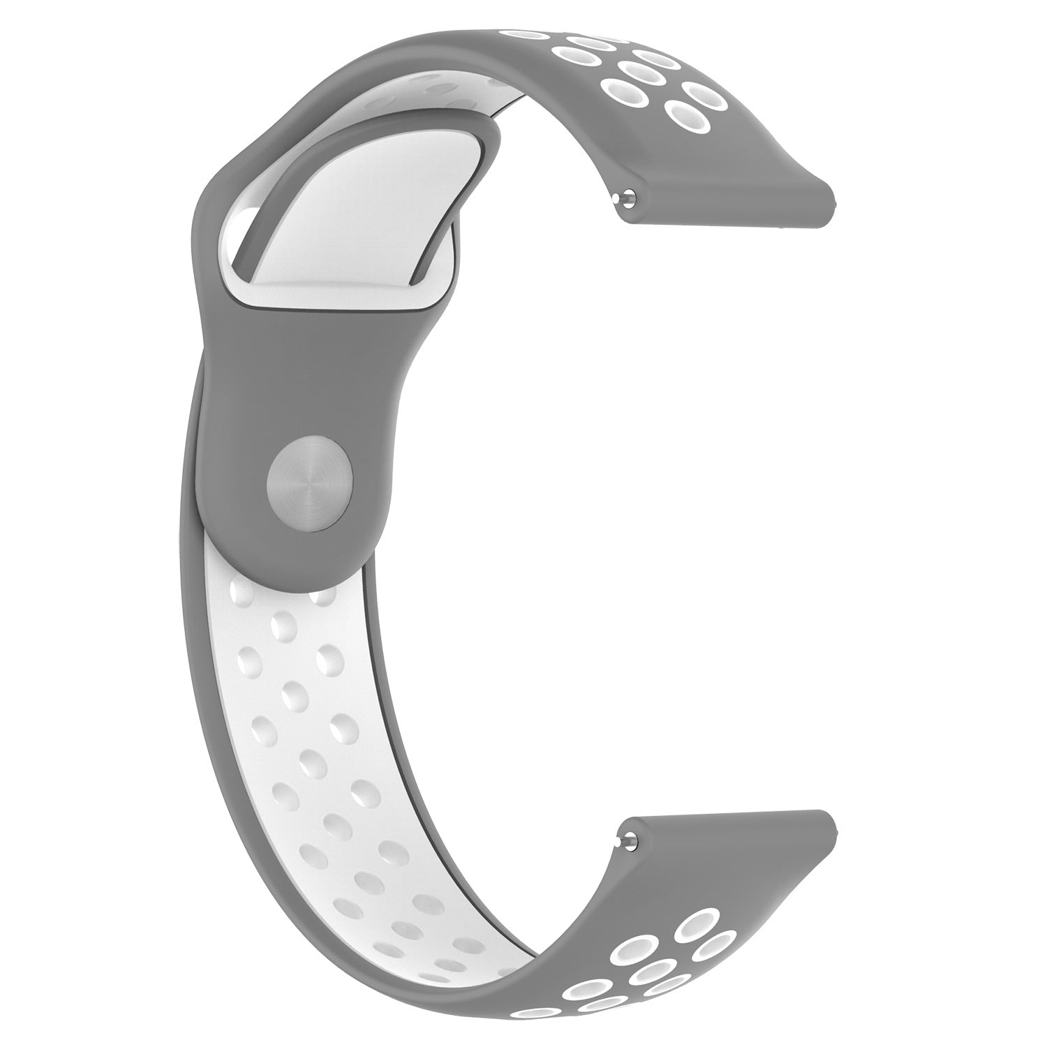 Gray and white perforated silicone sport watch band with quick release mechanism and metal pin closure
