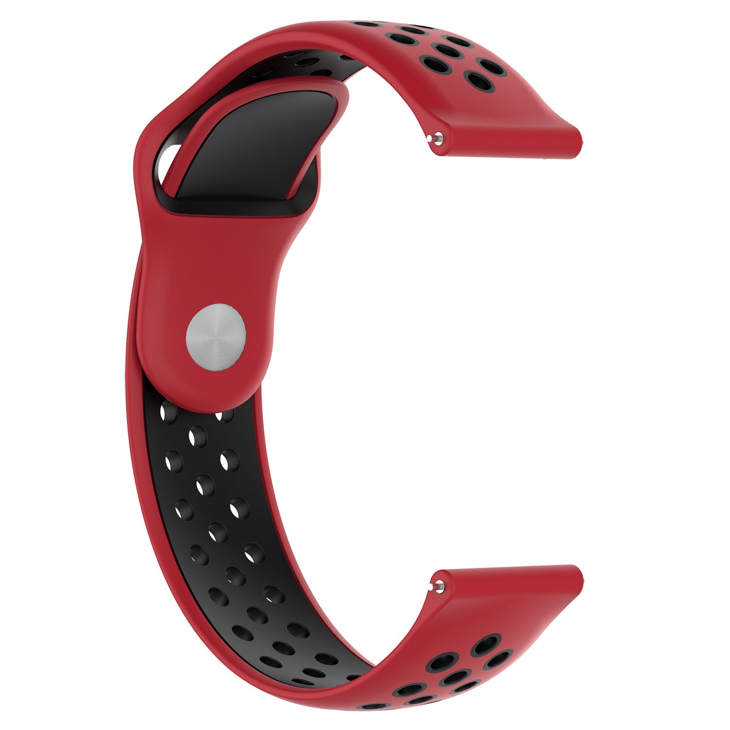 Red and black perforated silicone quick release sport watch band with 18mm connector and metal button closure