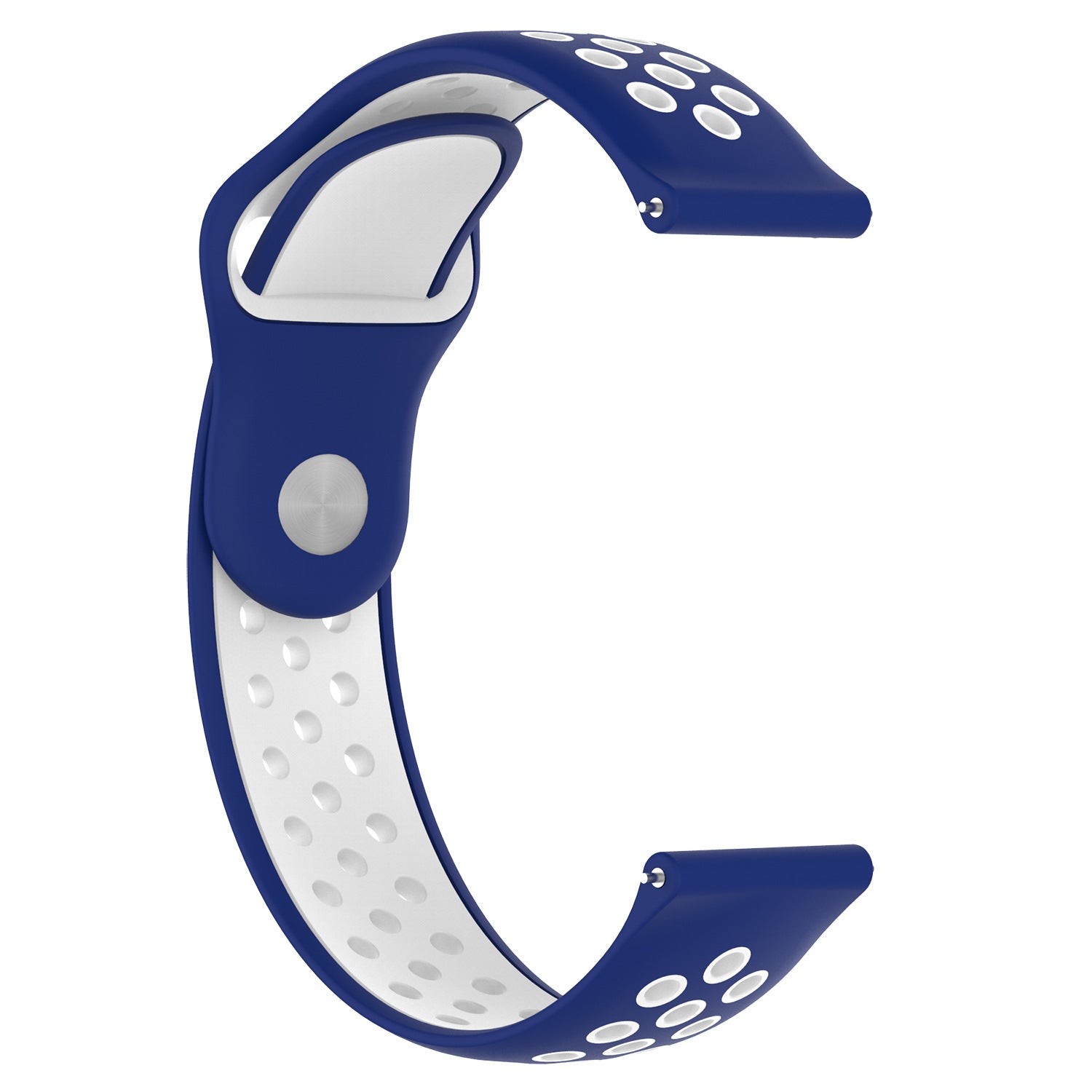 Navy blue and white silicone sport watch band with quick release mechanism and ventilation holes, 18mm