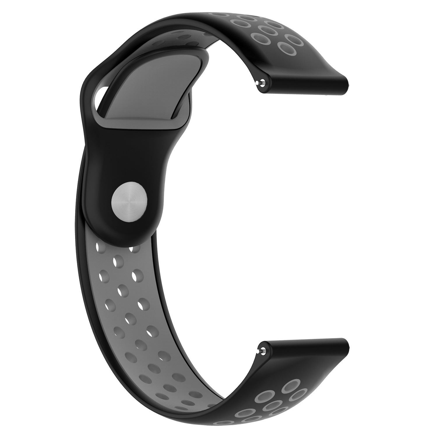 Black and gray silicone sports watch band with quick release mechanism and perforated design for breathability