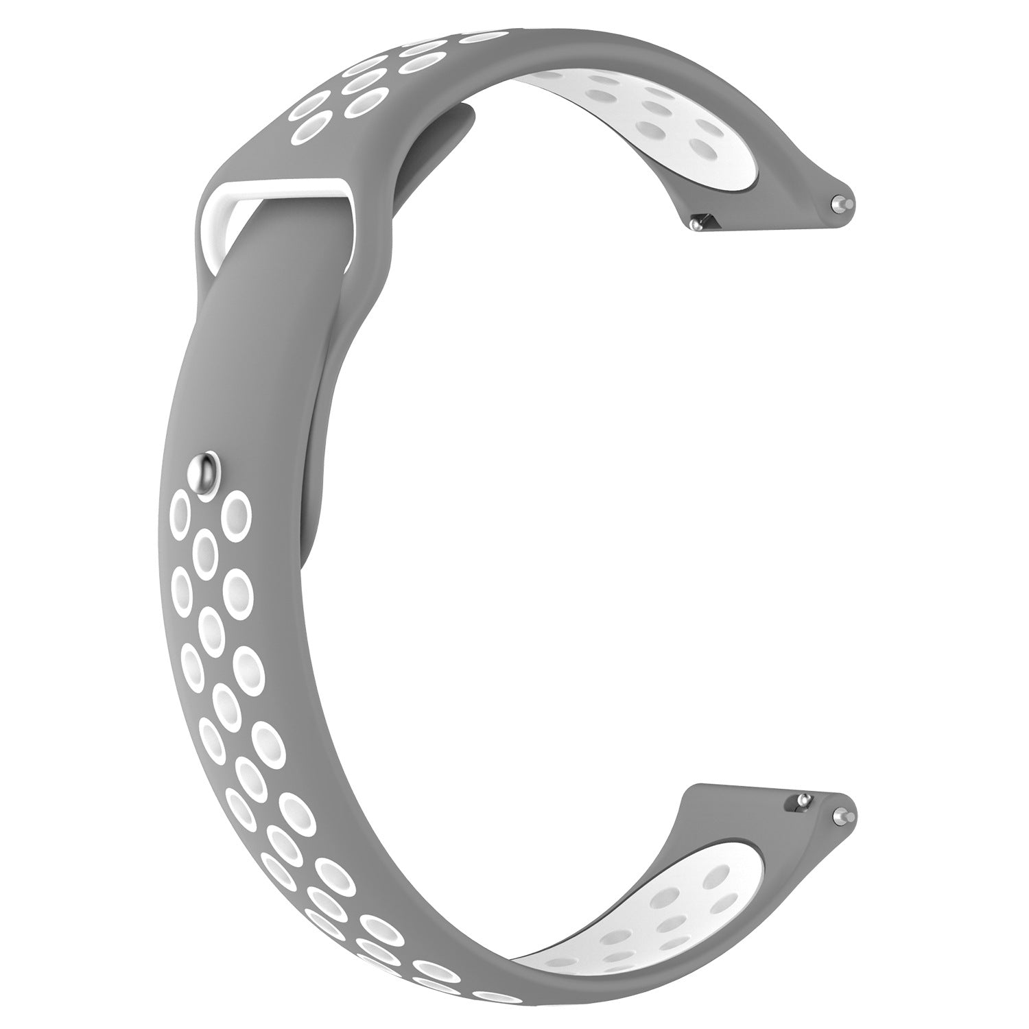 Gray and white silicone sport watch band with perforated design and quick release mechanism for 18mm watch lug width