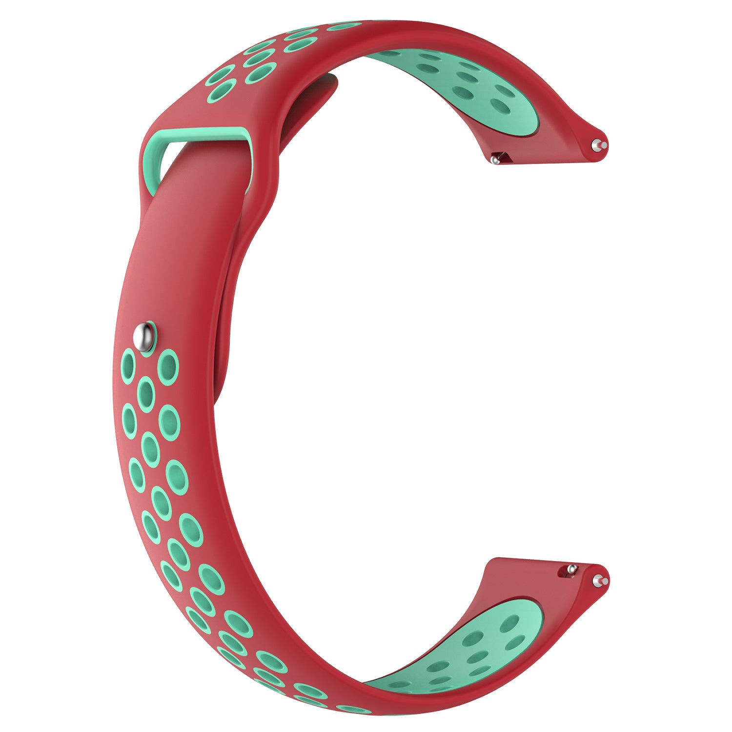 Red and mint green perforated silicone sports watch band with quick release pins and adjustable sizing