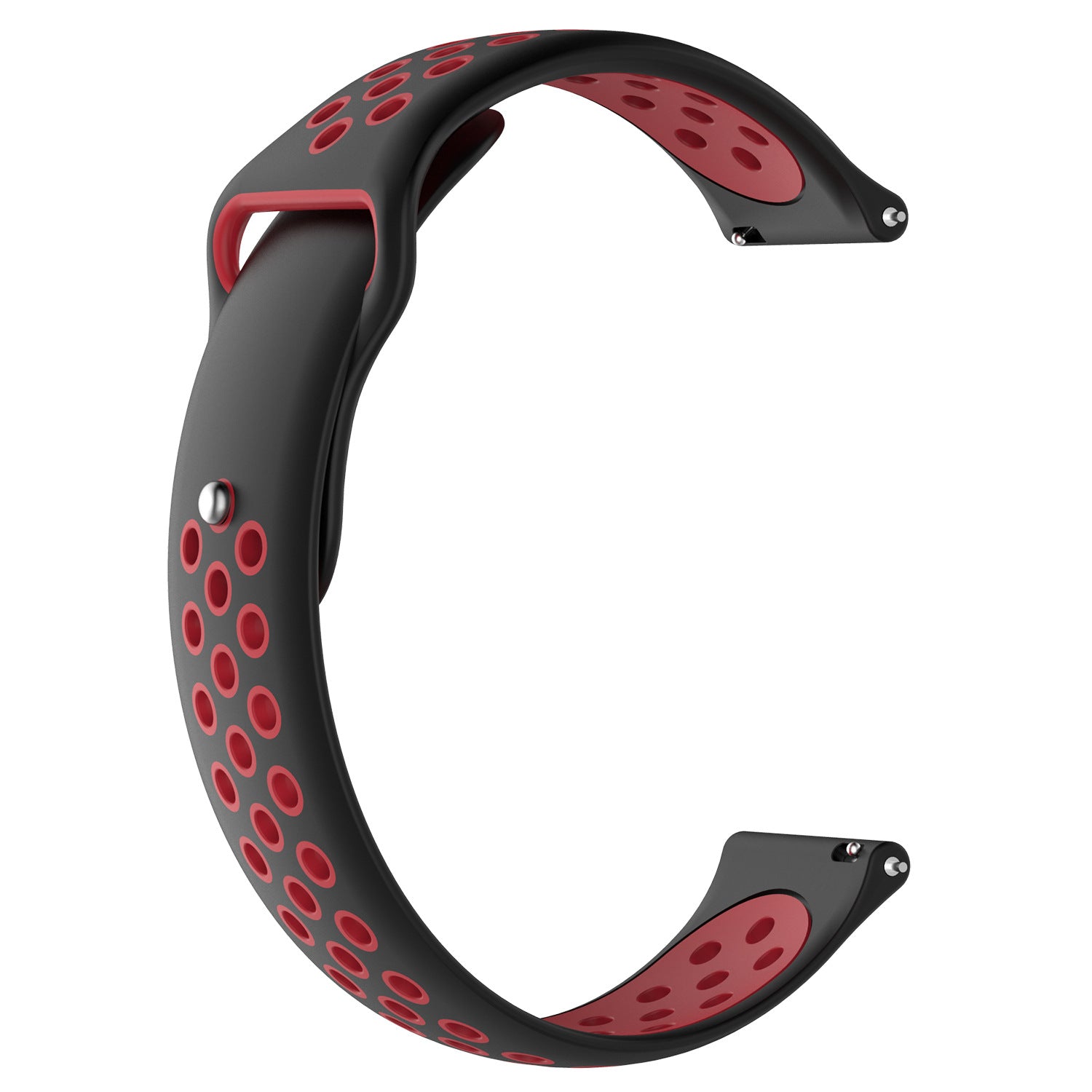 Black and red perforated silicone sports watch band with quick release pins and adjustable fit