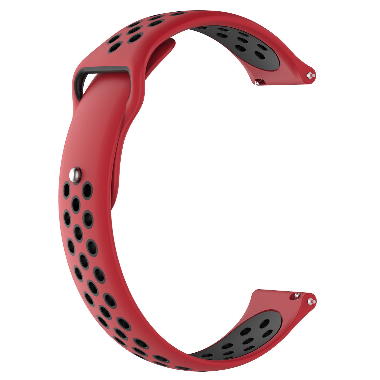 Red and black perforated silicone sport watch band with quick release pins and metal connectors