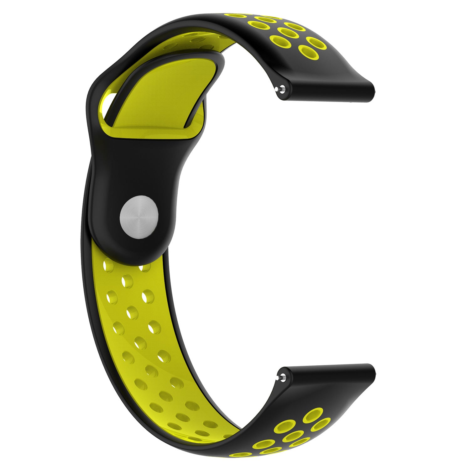 Black and yellow silicone smartwatch band with perforated design and quick release connectors for 18mm watches