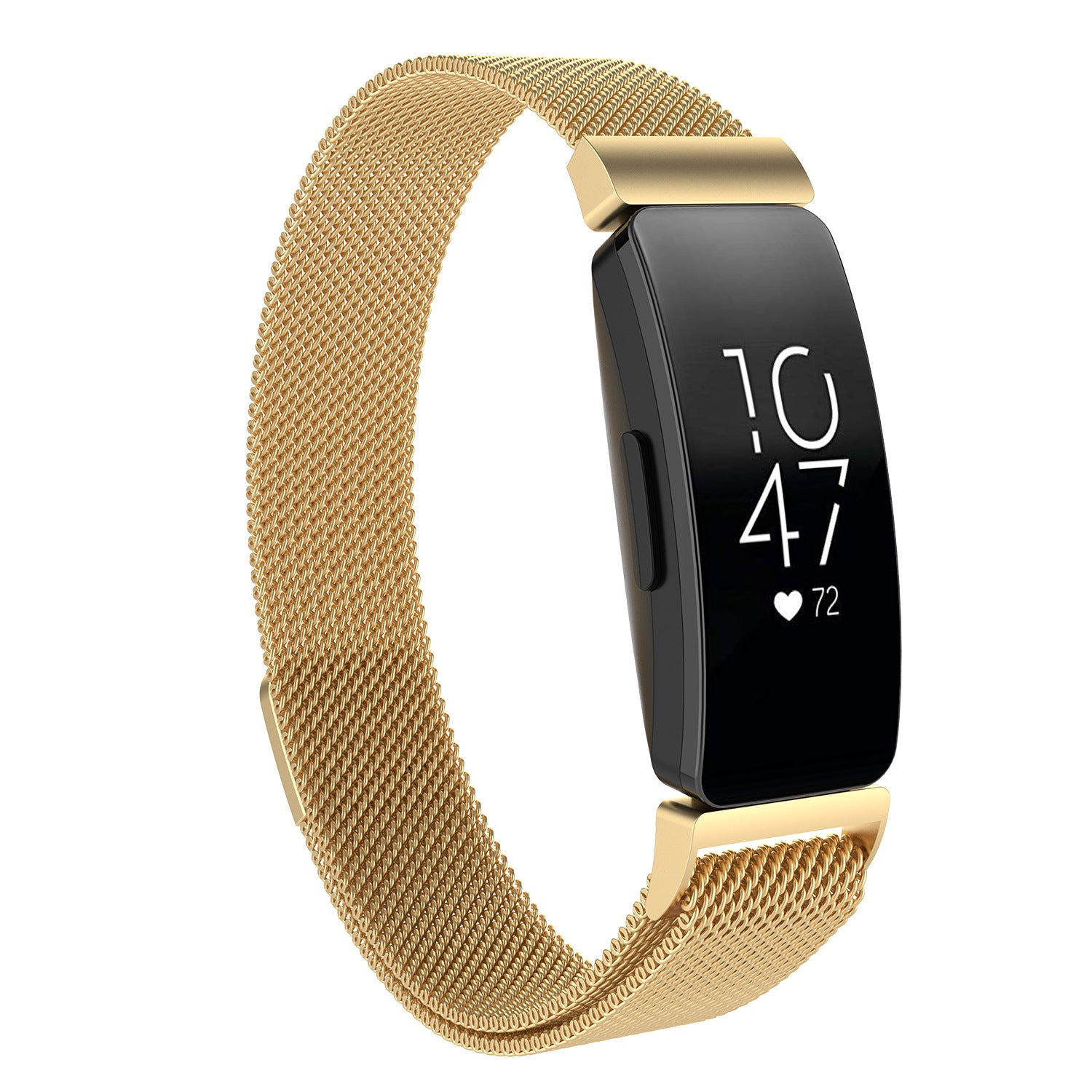 Gold Milanese mesh band fitness tracker with black rectangular display showing time and heart rate monitoring