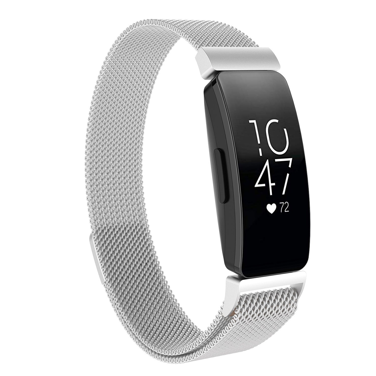Fitbit Inspire HR fitness tracker with silver mesh loop band showing time and heart rate on black display