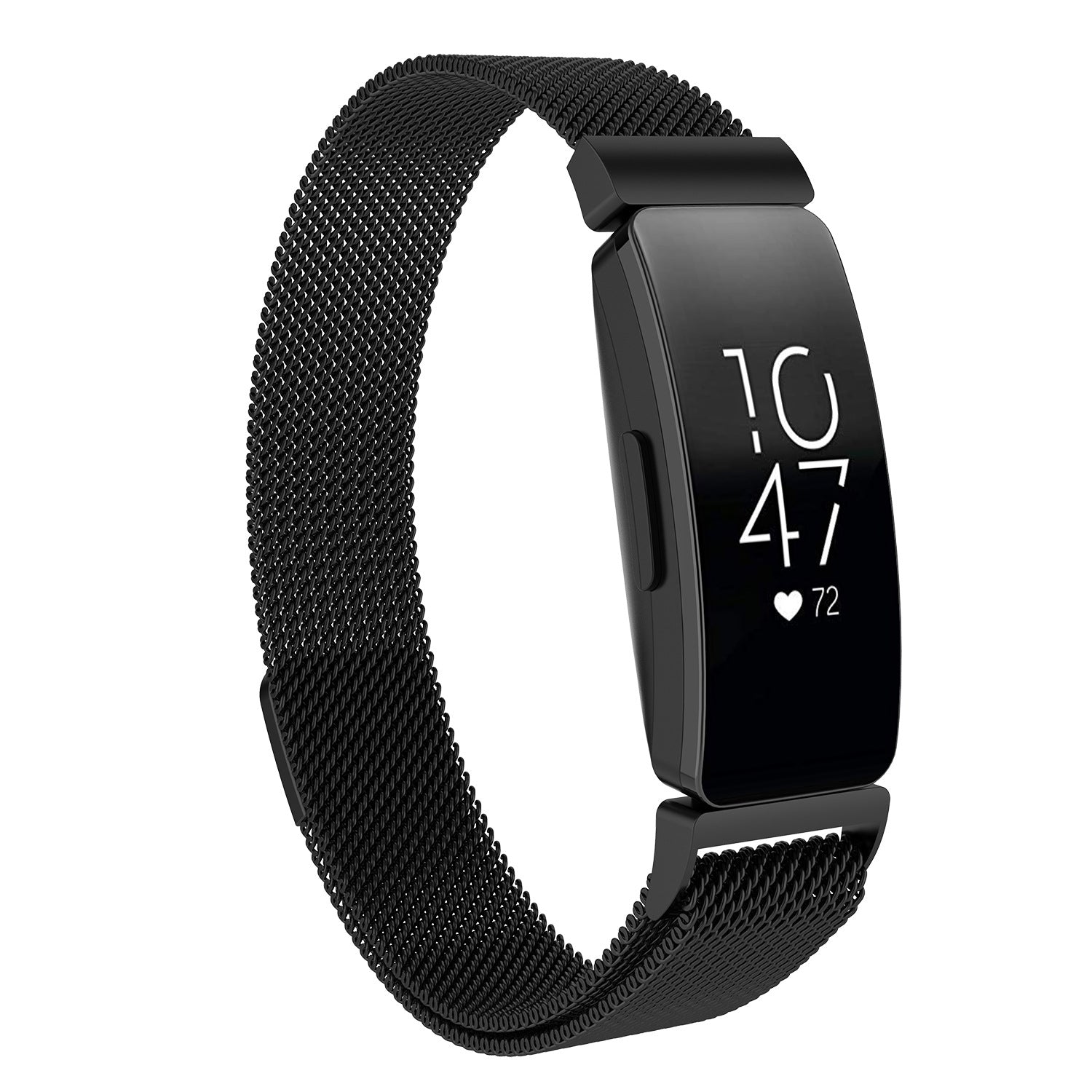 Black Milanese mesh band fitness tracker displaying time and heart rate on OLED screen