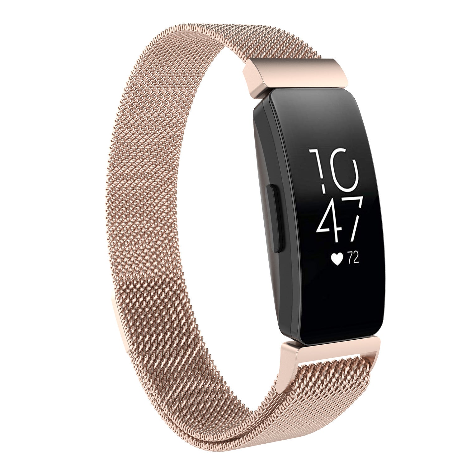 Rose gold milanese mesh band fitness tracker displaying time 10:47 and heart rate monitor with magnetic clasp closure