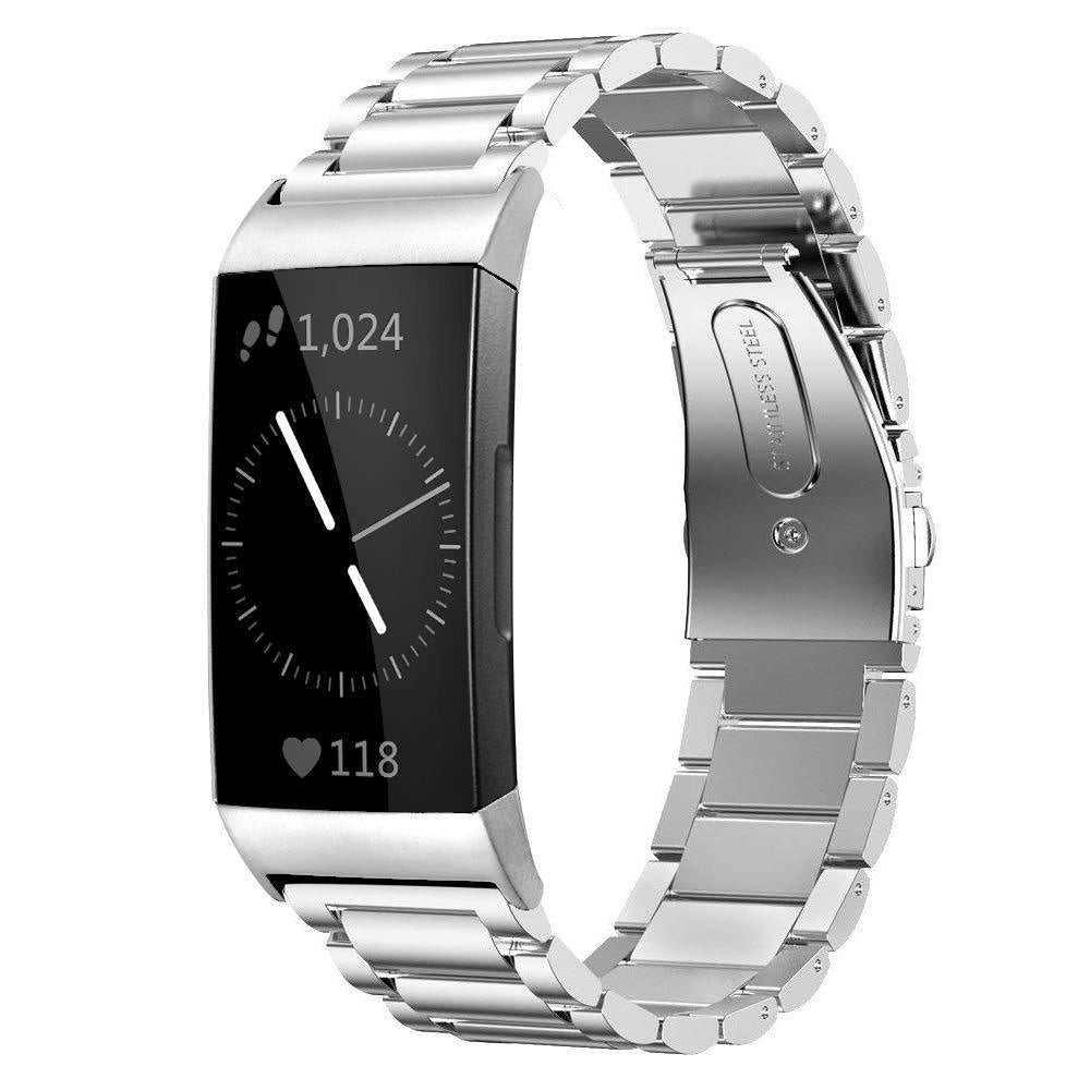 Silver stainless steel bracelet band for Fitbit Charge 3 and 4 fitness tracker with metal links and clasp