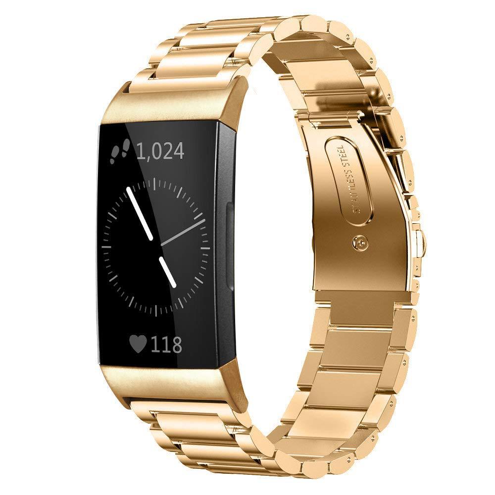 Gold stainless steel bracelet band for Fitbit Charge 3 and Charge 4 fitness tracker with metal links