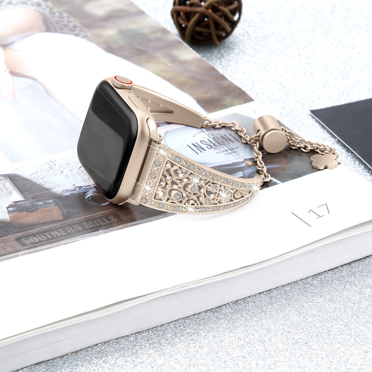 Luxury gold filigree smartwatch band with crystal rhinestones and charm accent for Apple Watch, elegant vintage design