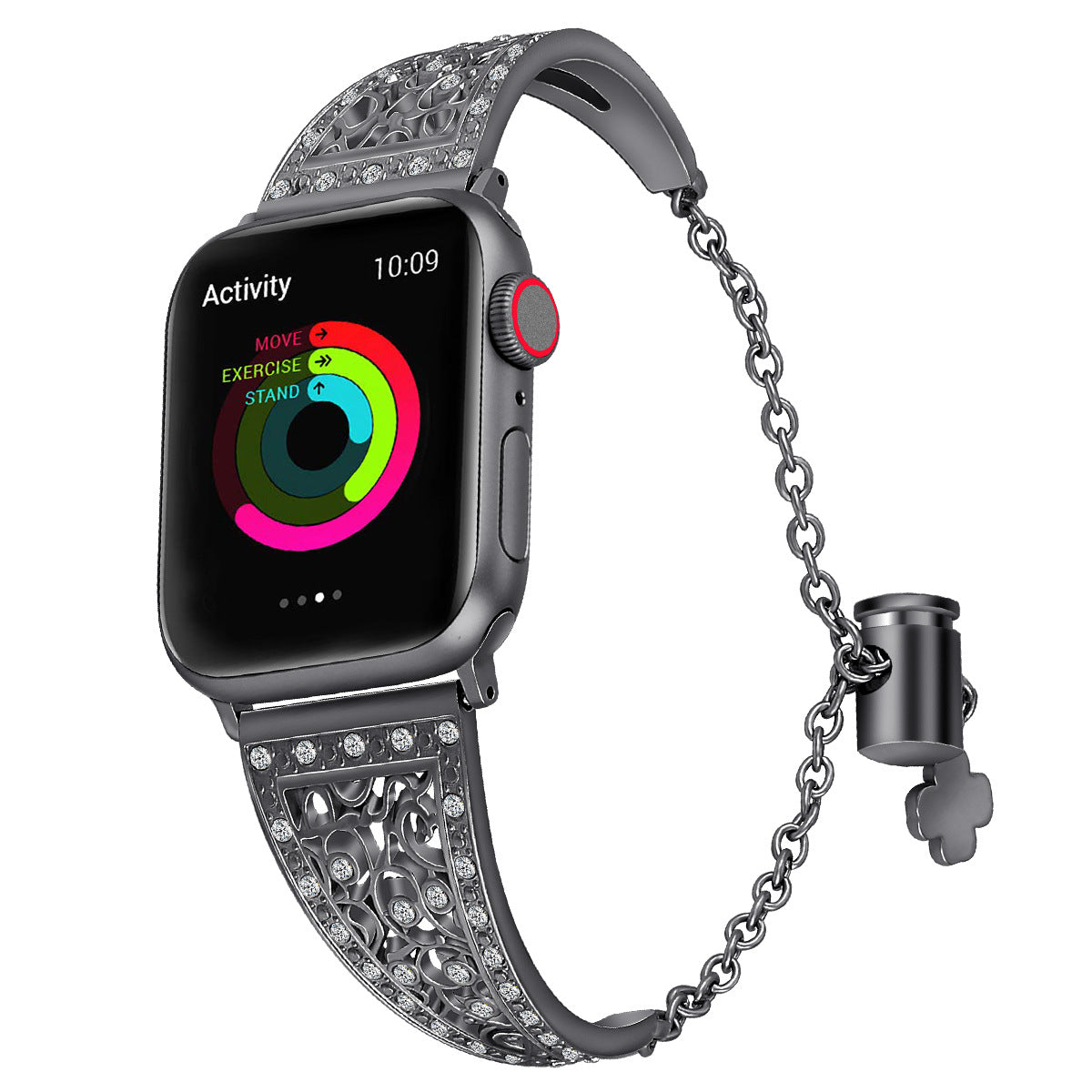 Black luxury filigree smartwatch band with crystal rhinestones and chain charm attachment, compatible with Apple Watch