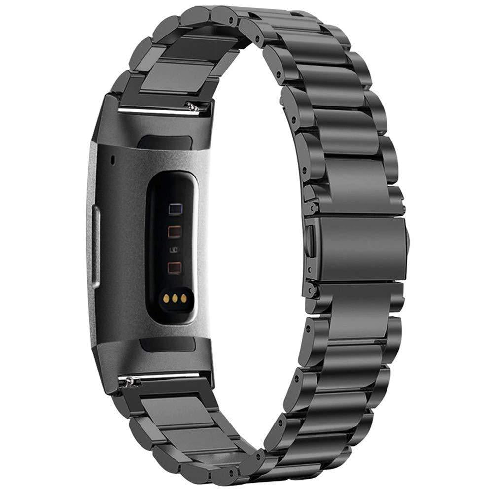 Black stainless steel bracelet band for Fitbit Charge 3 and Charge 4 fitness tracker with metal links and secure clasp
