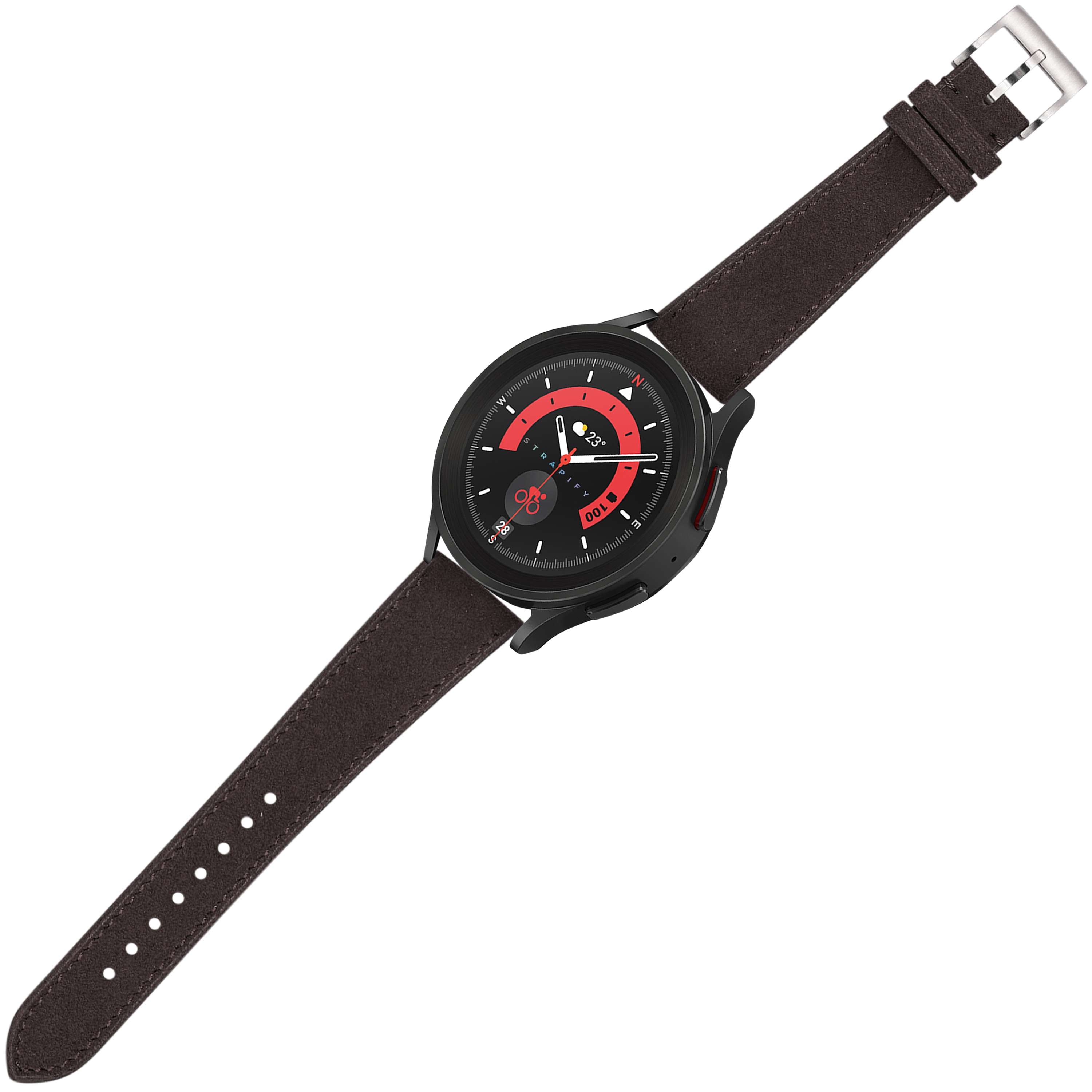 Black smartwatch with red dial and dark brown alcantara leather quick release strap
