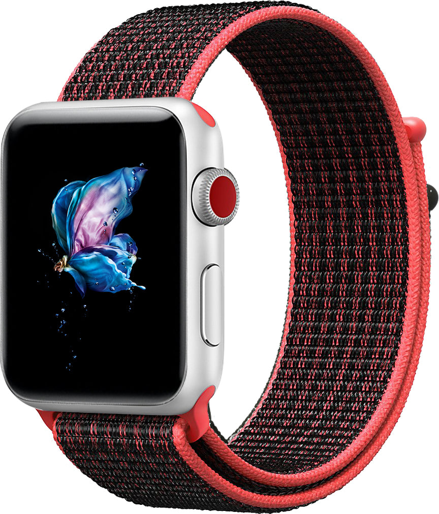 Silver smartwatch with colorful flower display and red black woven sport loop band with velcro closure