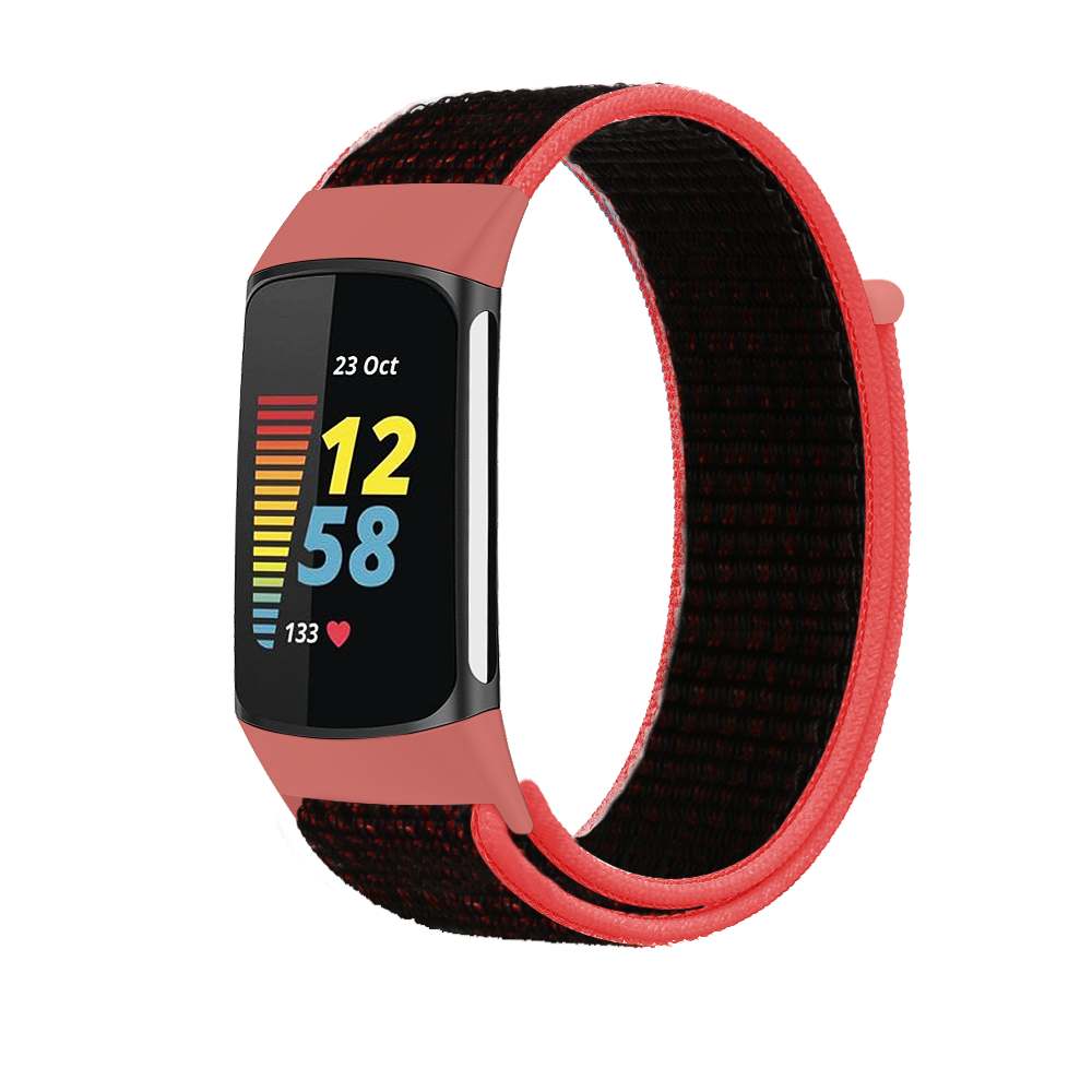 Red and black sports loop velcro band for Fitbit Charge 5 and 6 fitness tracker with time and heart rate display