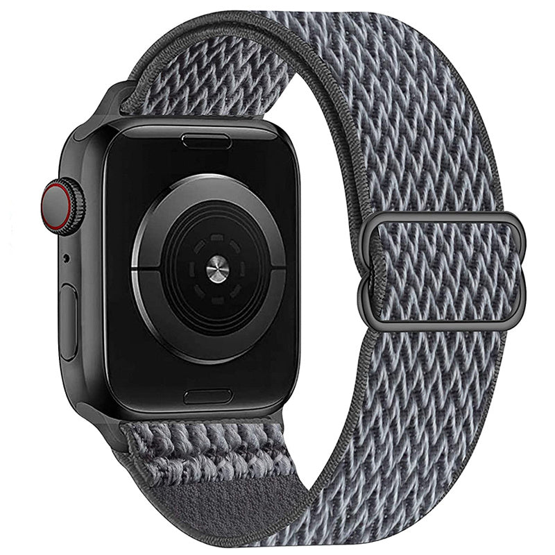 Black smartwatch with woven gray fabric loop band and red digital crown on white background