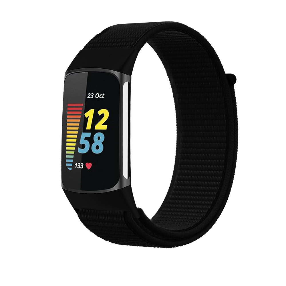 Black sports loop velcro band for Fitbit Charge 5 and 6 fitness tracker with colorful display showing time and heart rate